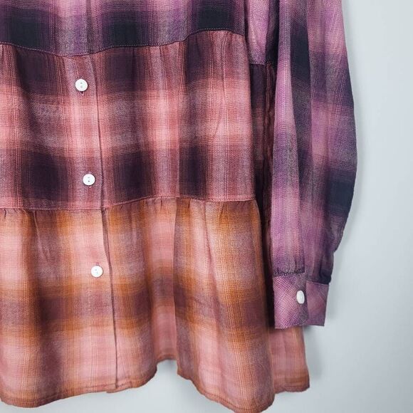 J Jill Womens Plaid Button Up Tunic Top Large Pink Ombre Tiered Country Western - Picture 4 of 8